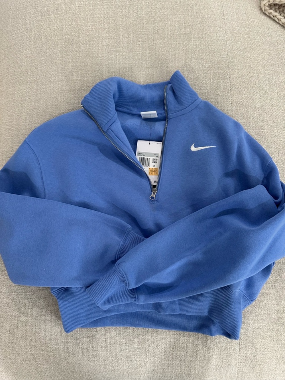 Nike Light Blue Women's Quarter-Zip Hoodie with Silver Zipper